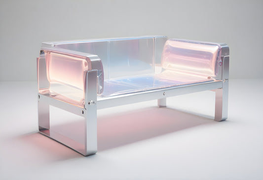 Stylish transparent acrylic loveseat featuring sleek chrome legs, ideal for modern living spaces, showcasing innovative design aesthetics