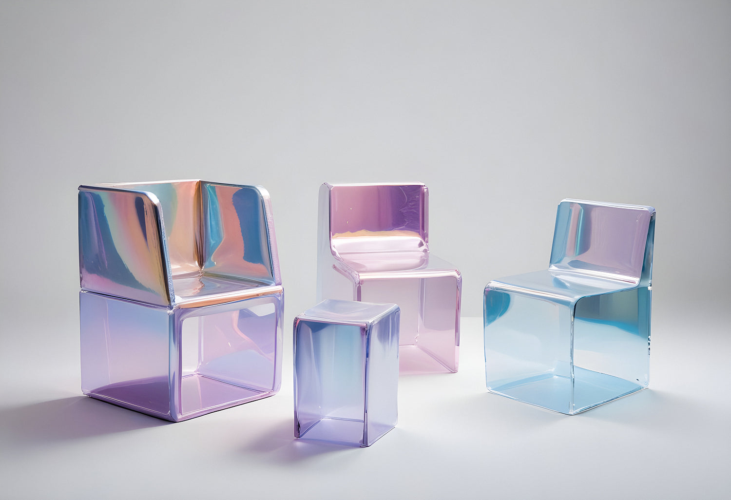 Modern translucent chairs in pastel colors arranged artistically on a white background showcasing contemporary design