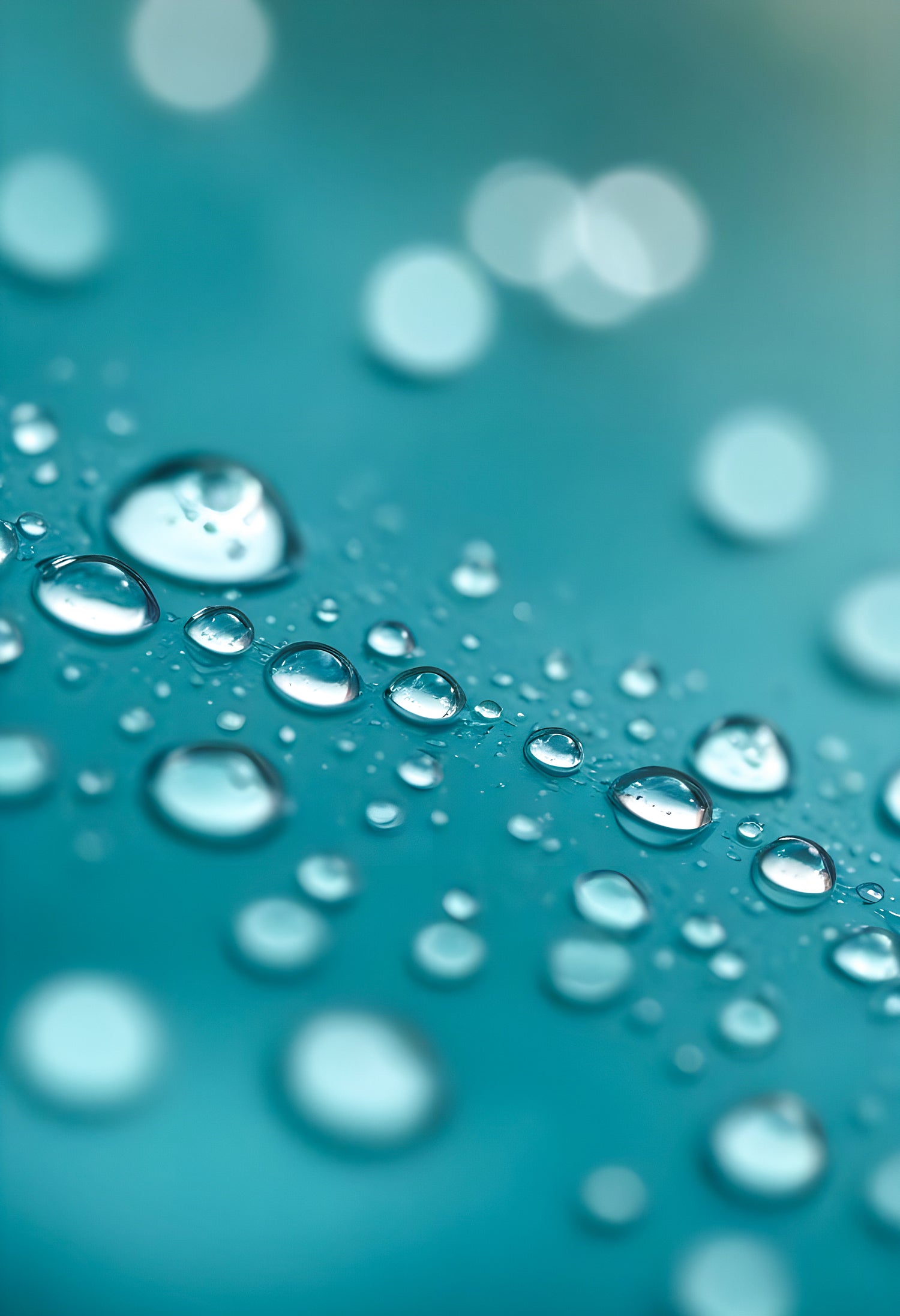 Water droplets on a thin surface with a blurred turquoise background amidst soft light reflections. Generative AI