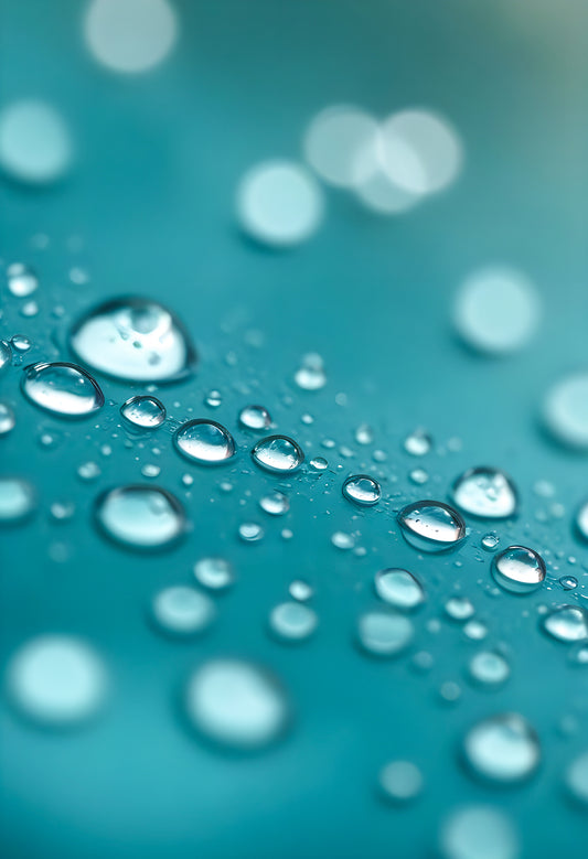 Water droplets on a thin surface with a blurred turquoise background amidst soft light reflections. Generative AI