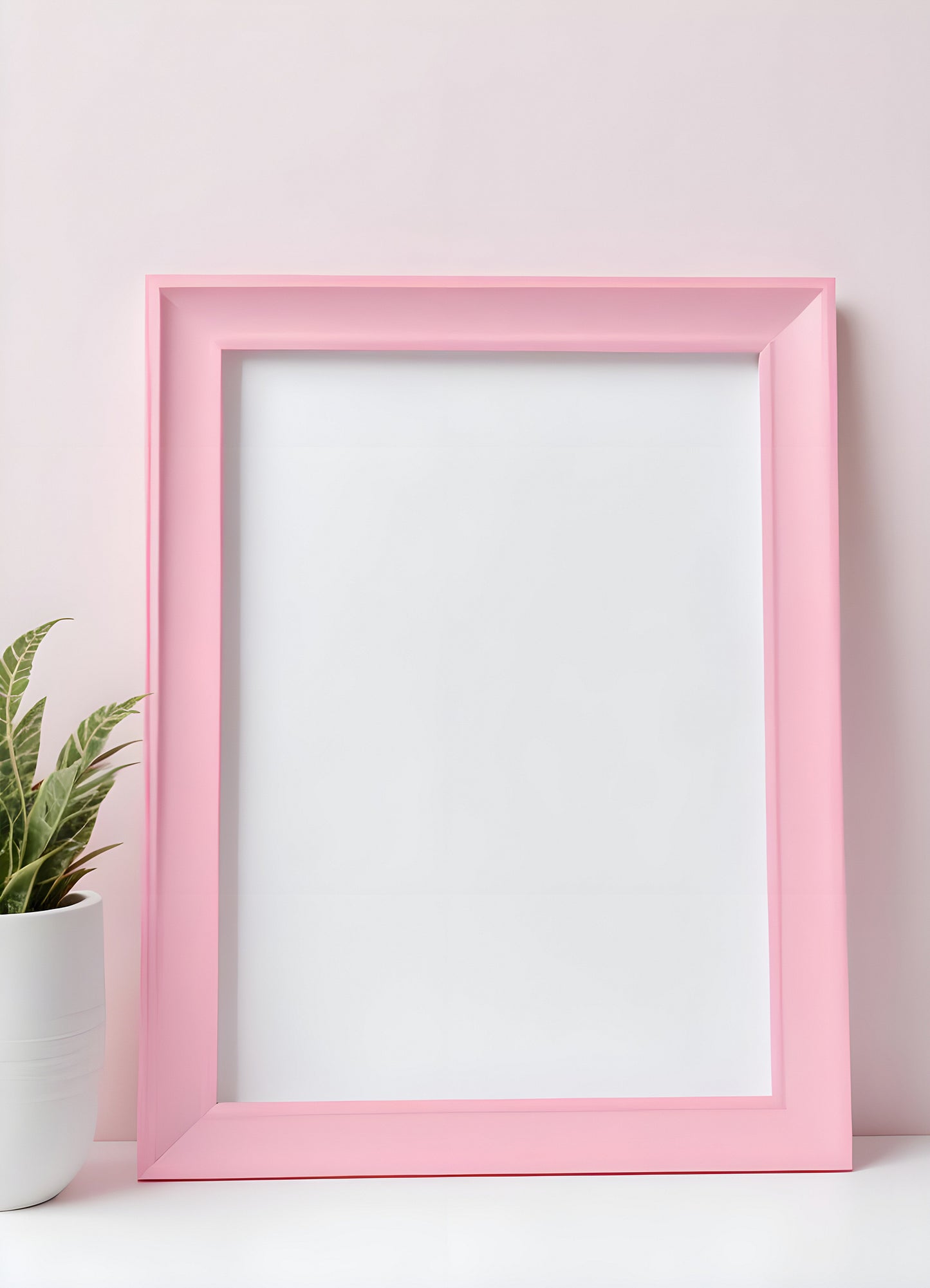 Empty pink picture frame beside a potted plant on a clean tabletop against a light pink background