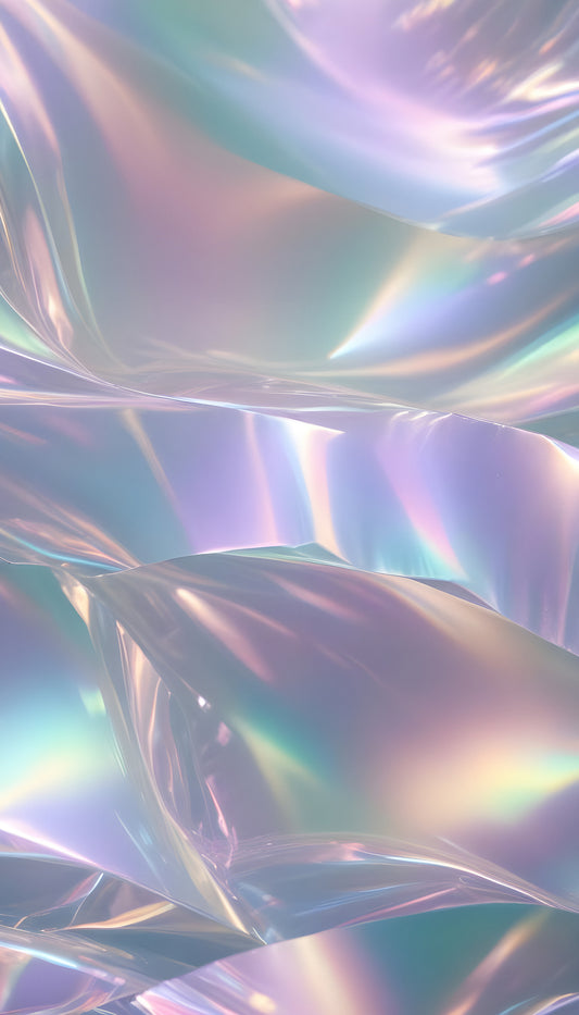 Abstract iridescent surface with smooth curves and reflections, creating a whimsical visual effect in soft pastel colors