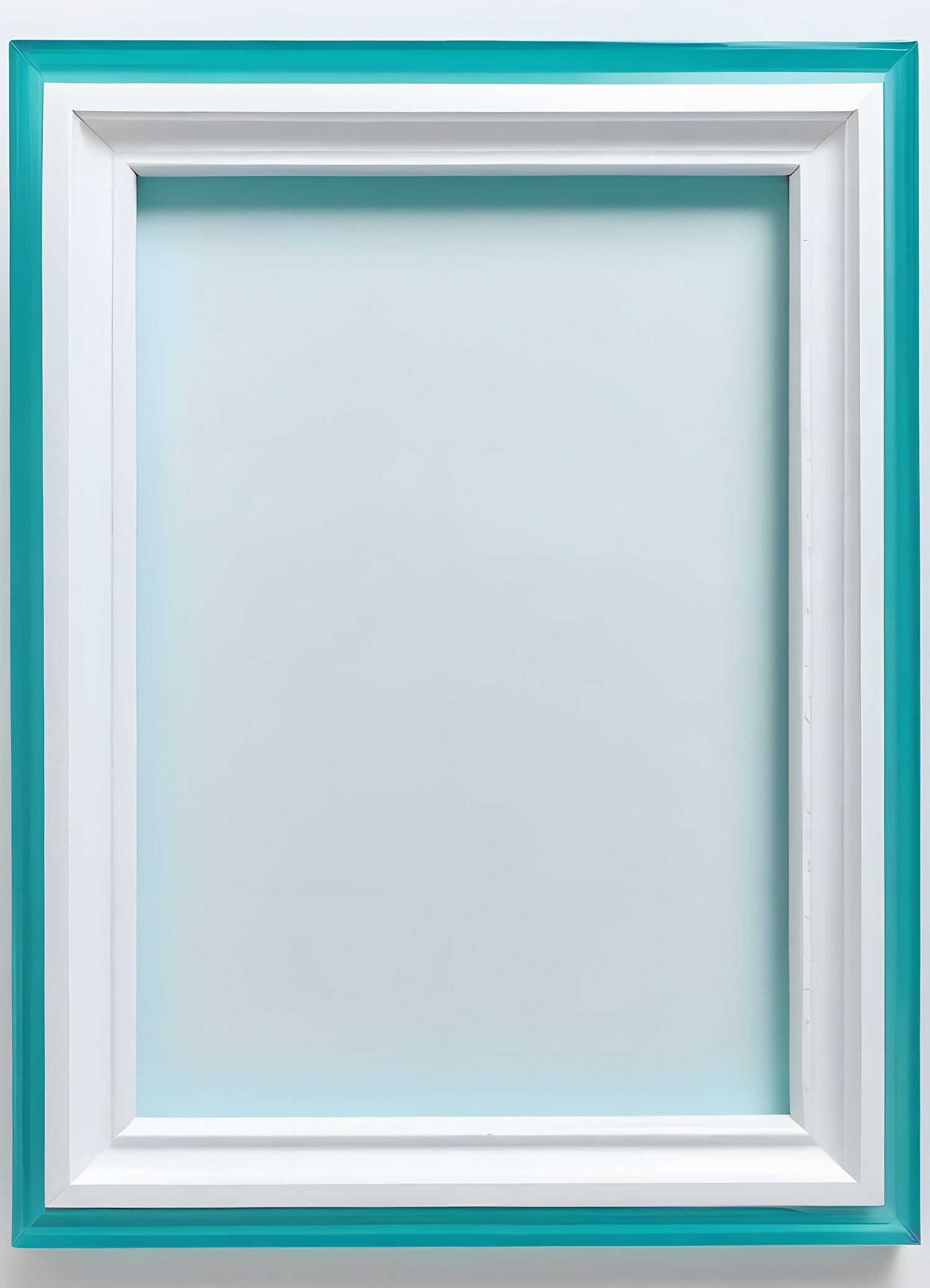 Empty teal-framed wall art with a white inner border against a light background in a well-lit interior space