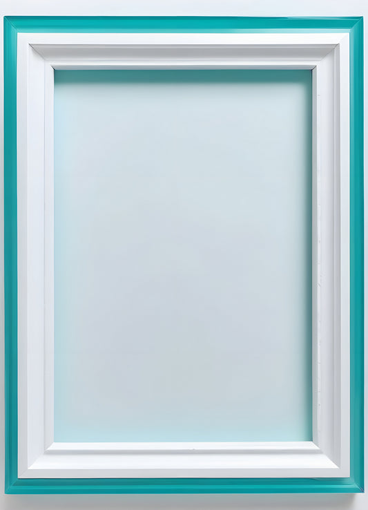 Empty teal-framed wall art with a white inner border against a light background in a well-lit interior space