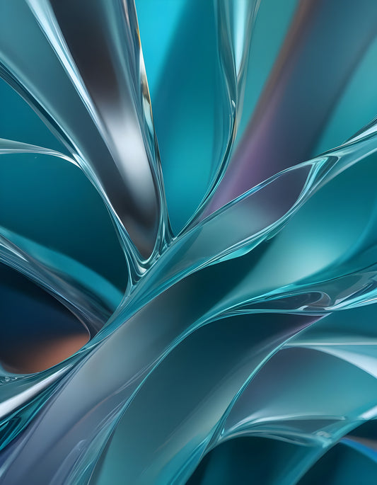 Abstract flow of teal and blue shapes blending together with soft curves and reflections