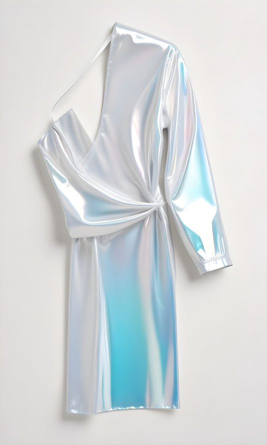 Shimmering one-shoulder dress hanging on a neutral wall showcasing iridescent fabric in an indoor fashion setting