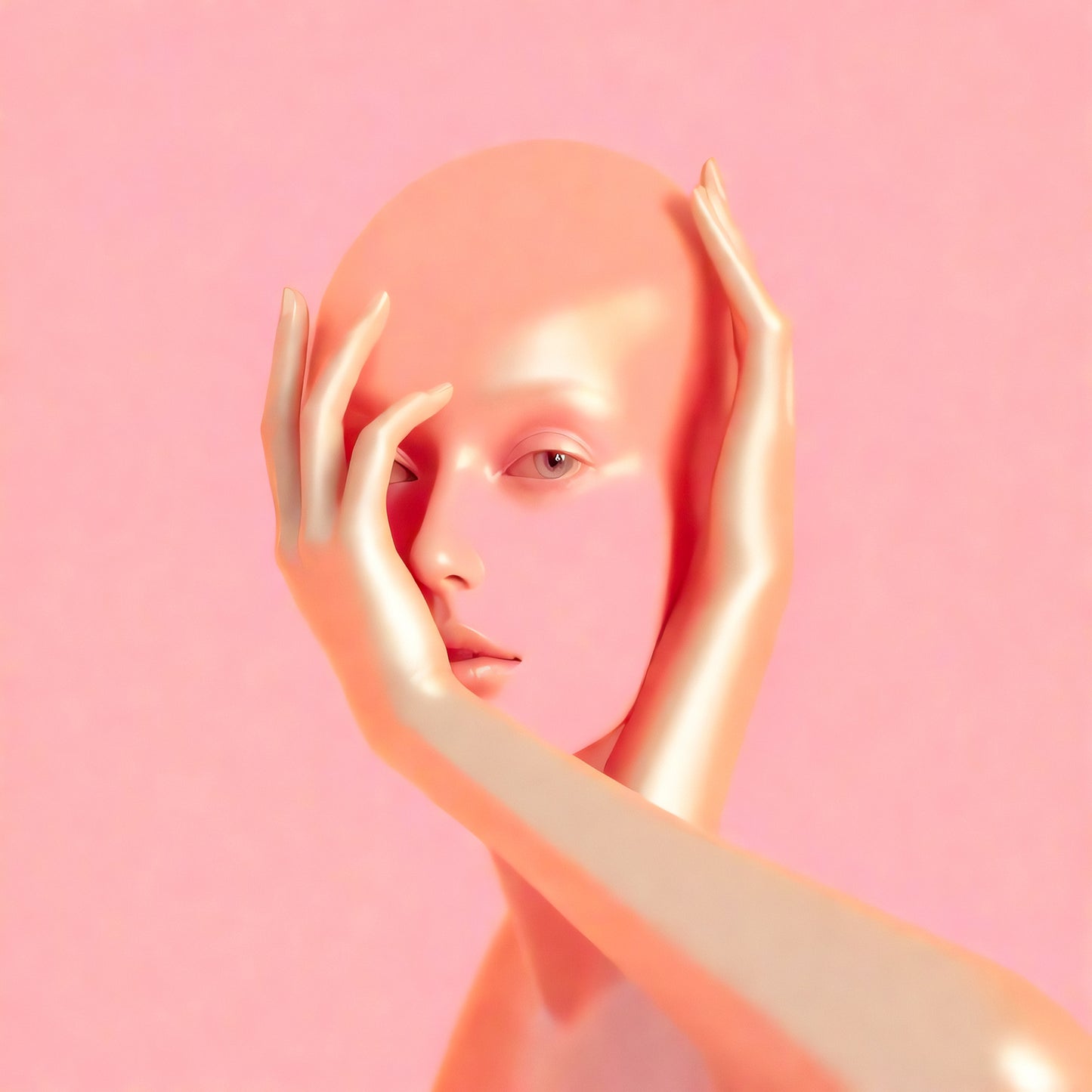 A surreal portrait of a mannequin with smooth skin and an artistic pose against a soft pink background