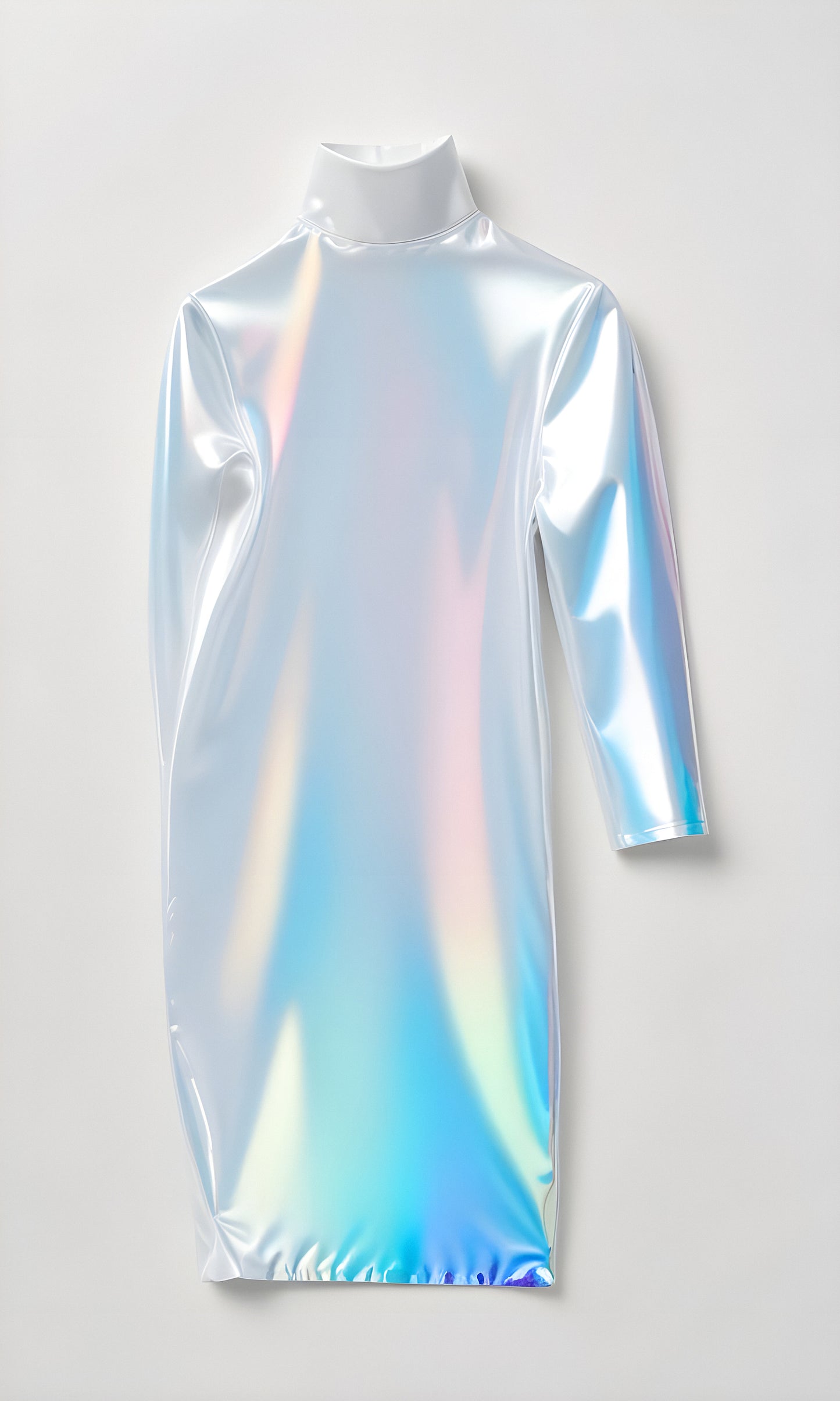 A shiny holographic dress displayed on a neutral background highlighting its unique design and reflective qualities