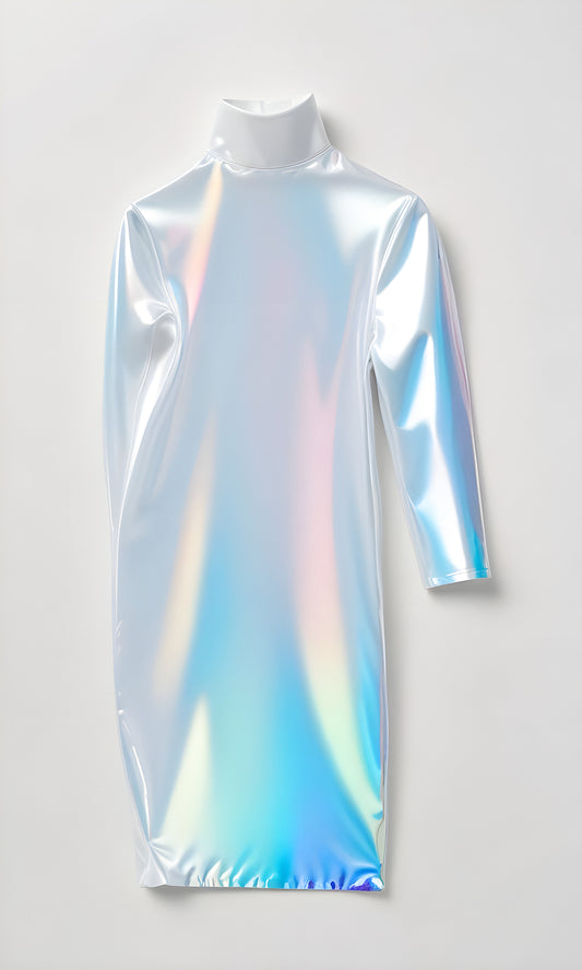 A shiny holographic dress displayed on a neutral background highlighting its unique design and reflective qualities