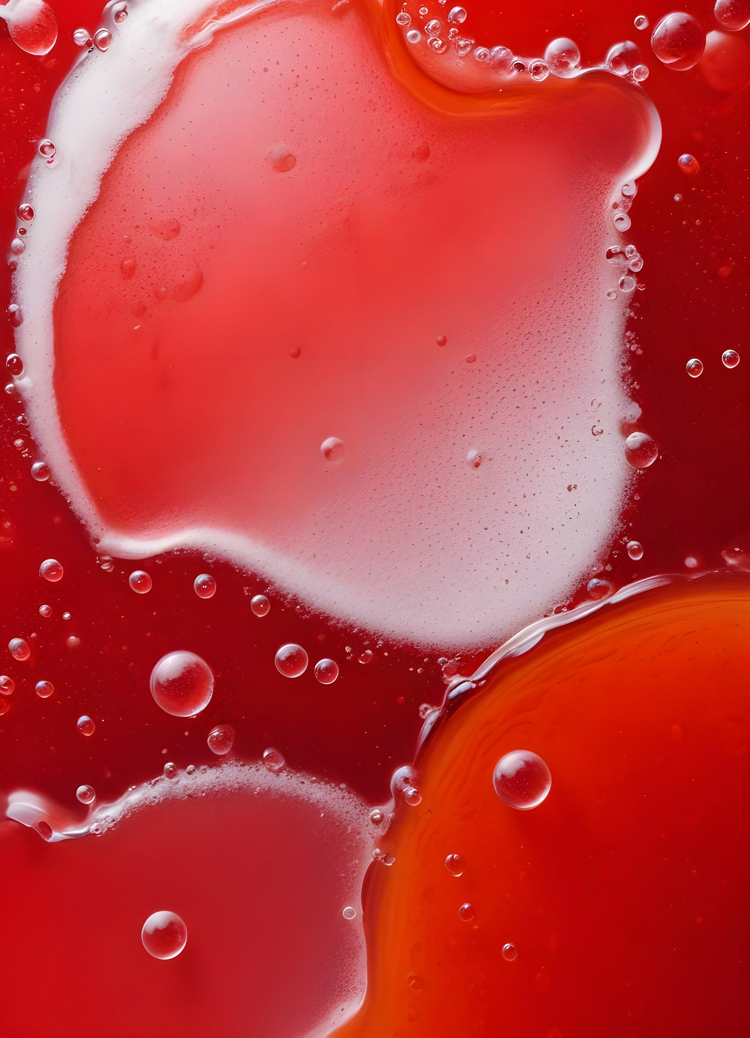 Abstract close-up of red liquid with bubbles and droplets, showcasing the interplay of colors and textures in a vibrant manner. Generative AI