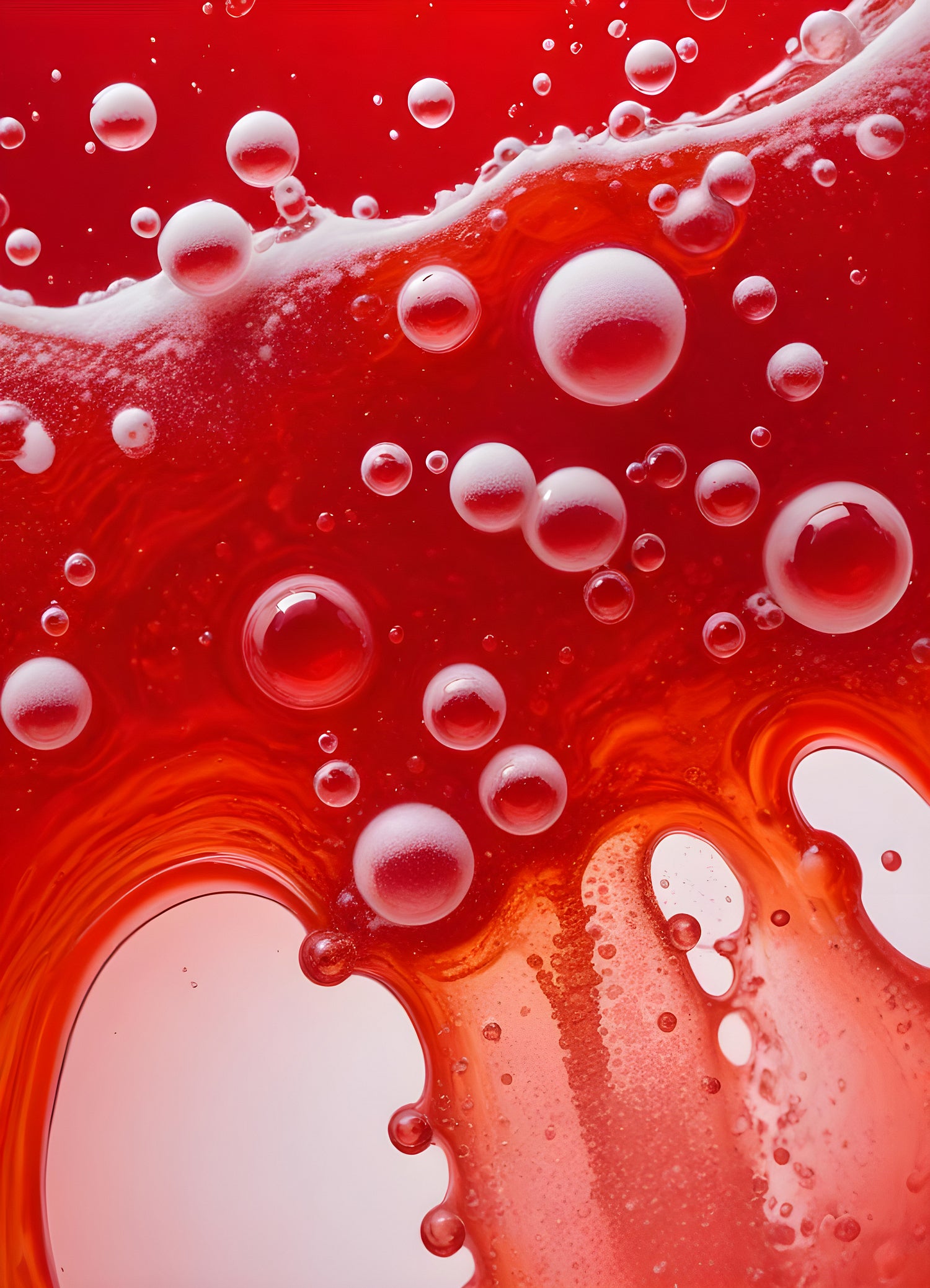 Abstract close-up of red liquid with bubbles and droplets, showcasing the interplay of colors and textures in a vibrant manner. Generative AI