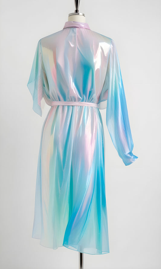 A stylish, iridescent robe draped elegantly on a mannequin against a minimalist backdrop