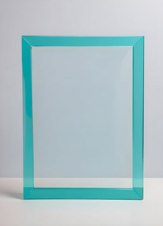 Clear frame with turquoise edges on a light background ready for display in an indoor setting