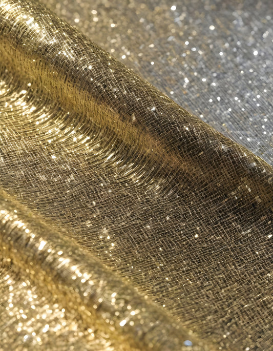 Metallic golden and silver fabric creates elegant textures with intricate folds and reflections under soft lighting