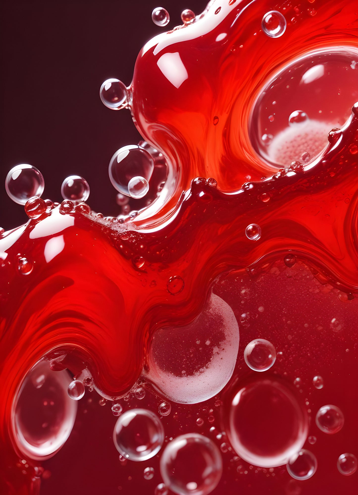 Abstract close-up of red liquid with bubbles and droplets, showcasing the interplay of colors and textures in a vibrant manner. Generative AI