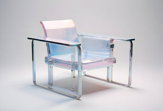 Transparent acrylic chair showcasing minimalist design in a soft-lit studio environment