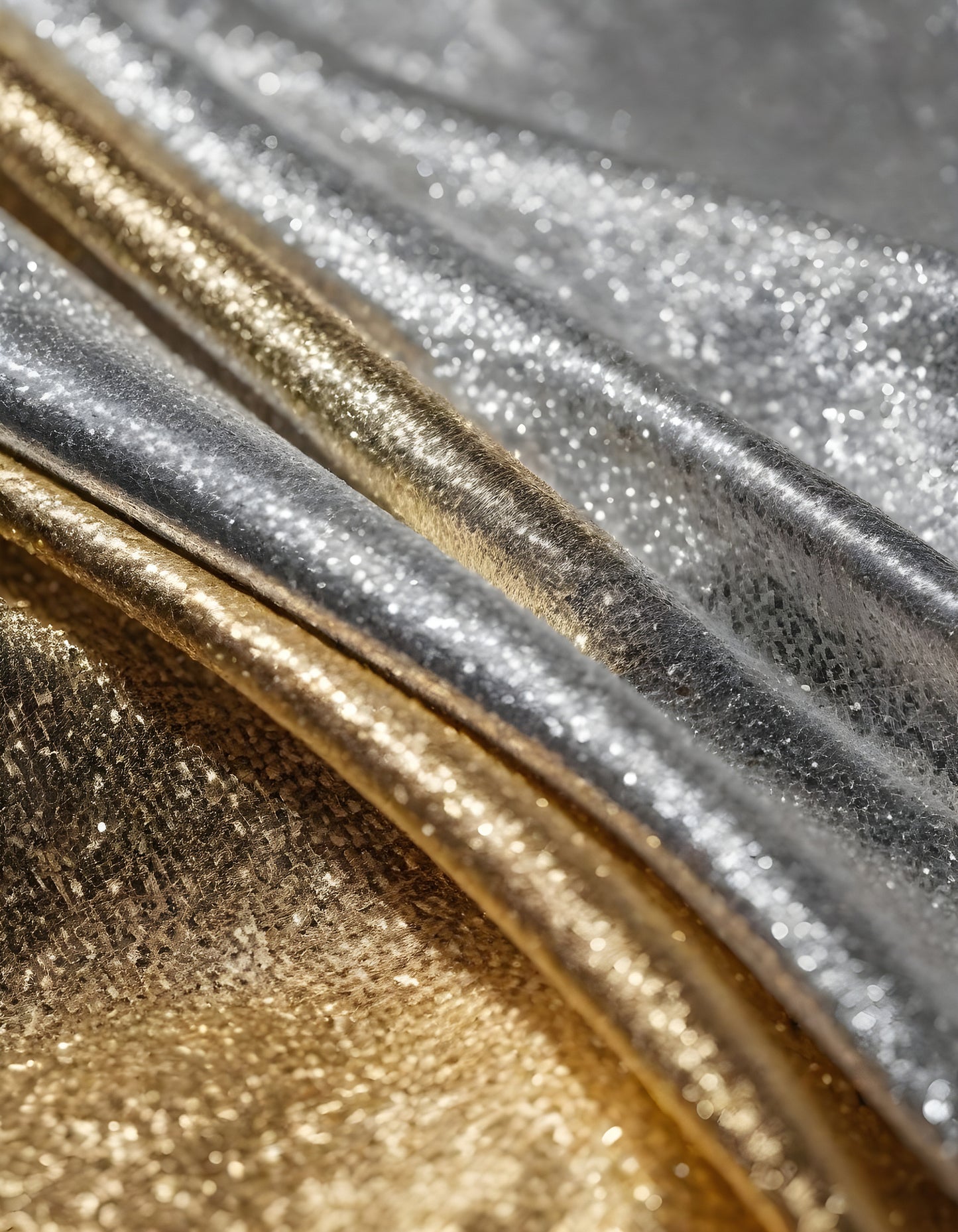 Metallic golden and silver fabric creates elegant textures with intricate folds and reflections under soft lighting