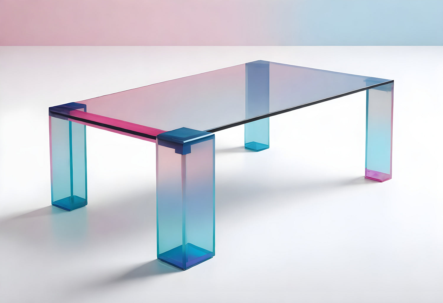 A contemporary acrylic coffee table with a gradient design showcased in a minimalistic setting