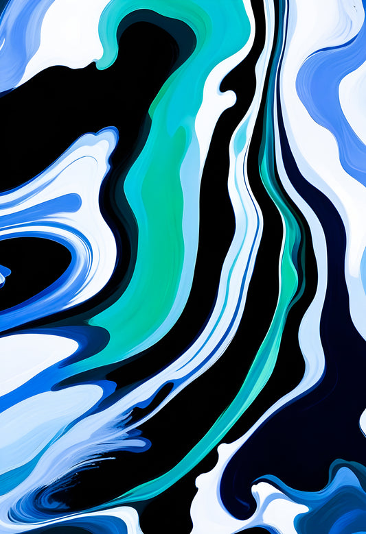 Abstract swirling patterns of blue and green colors on a black background