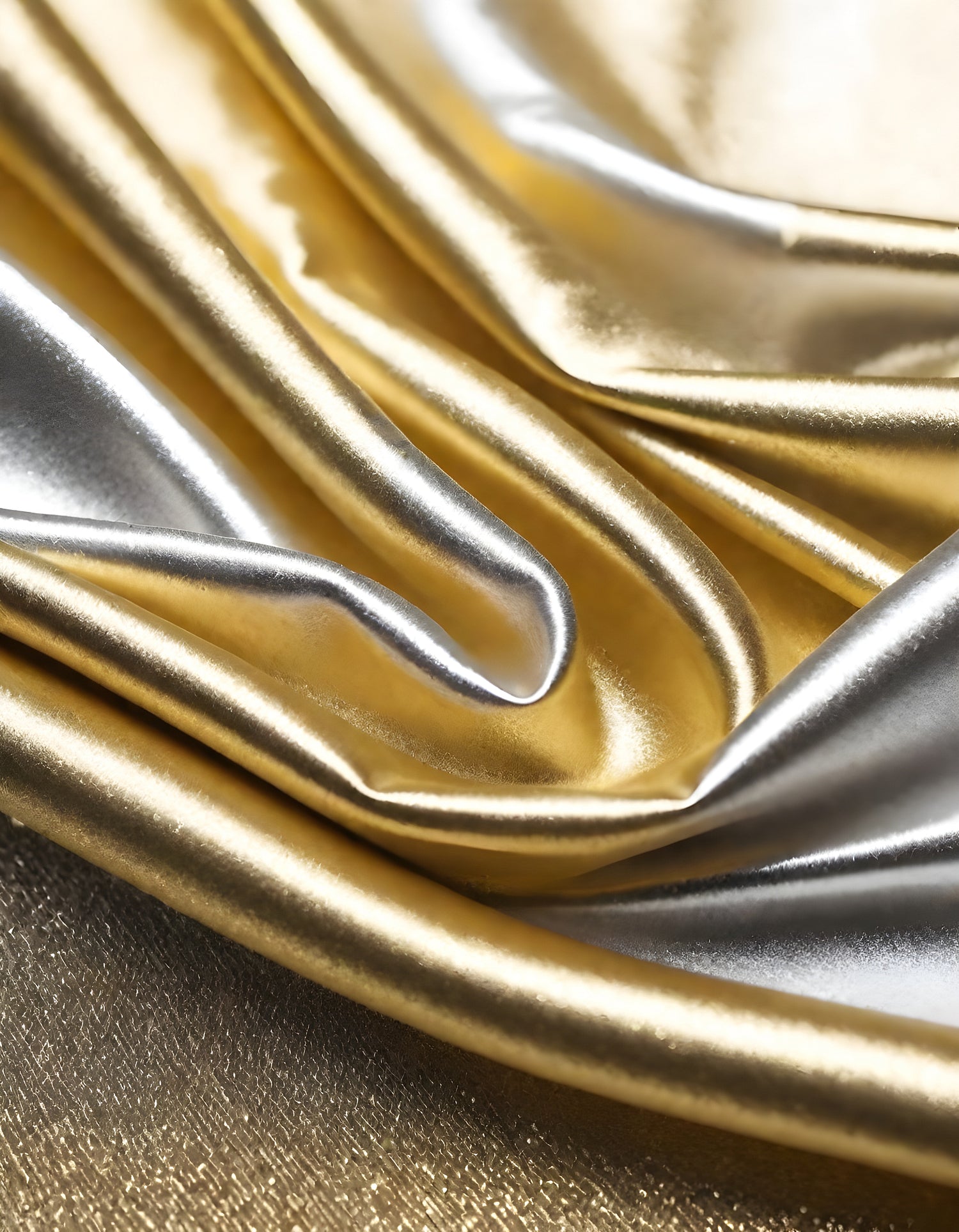 A close-up image of silver and gold metallic fabric, captured in a studio