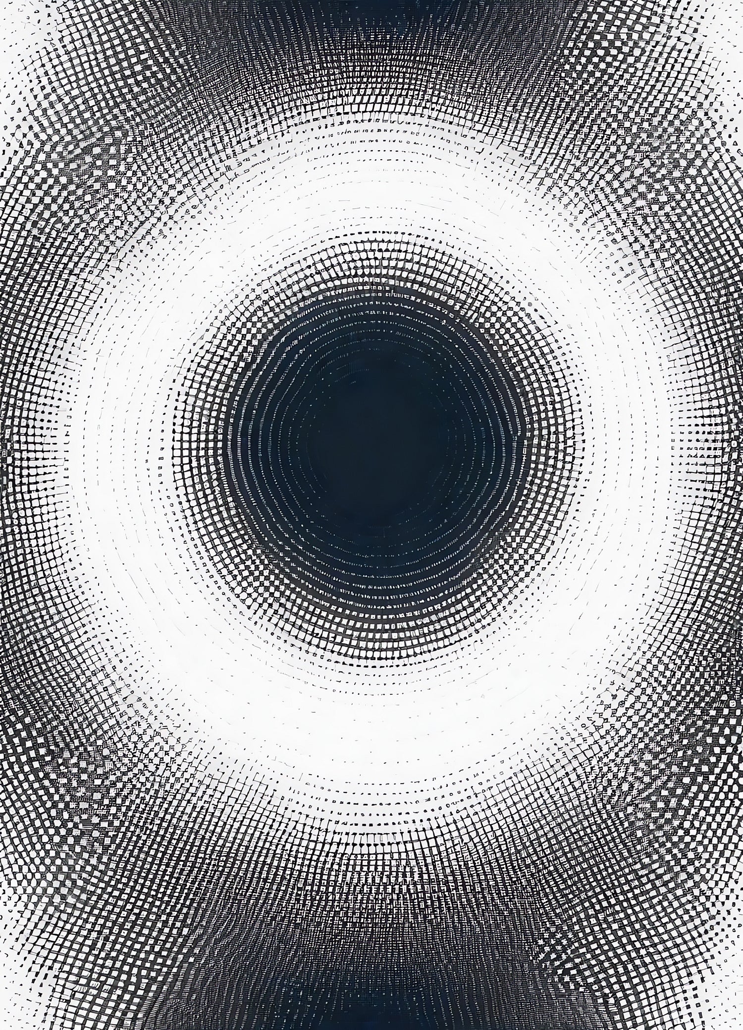 Circular pattern created by concentric dots in black and white, showcasing modern graphic design techniques and abstract art