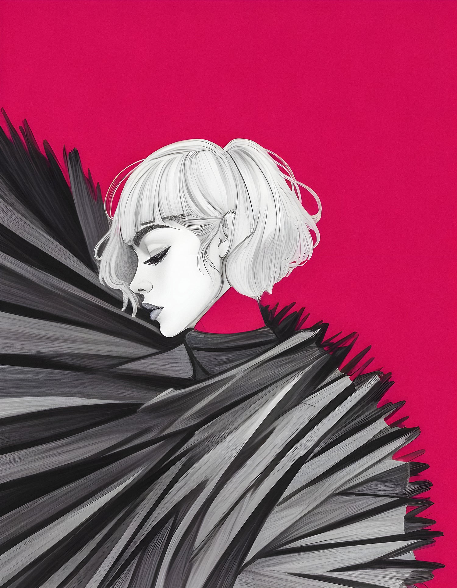 A striking portrait of a woman with short hair surrounded by dramatic black and white elements against a vibrant pink background