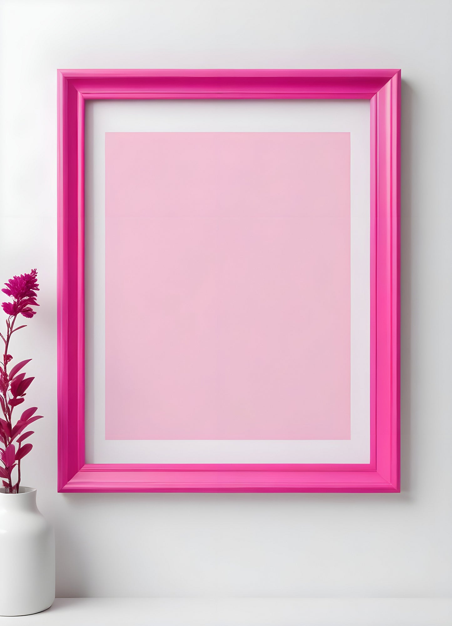 Bright pink empty frame stands against a white wall, inviting creativity and personal expression