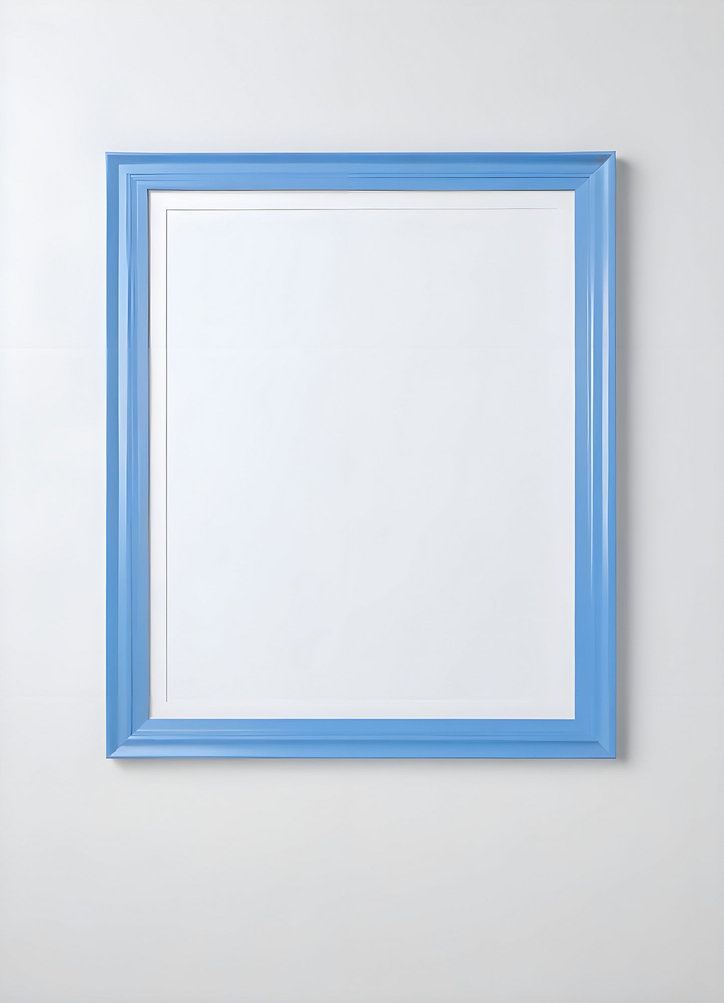 Empty framed blue canvas on a white wall in a minimalist design setting showcasing a modern artistic atmosphere