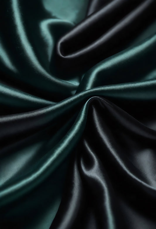 Elegant swirling silk fabric in deep green and black shades highlighting texture and sheen in soft lighting