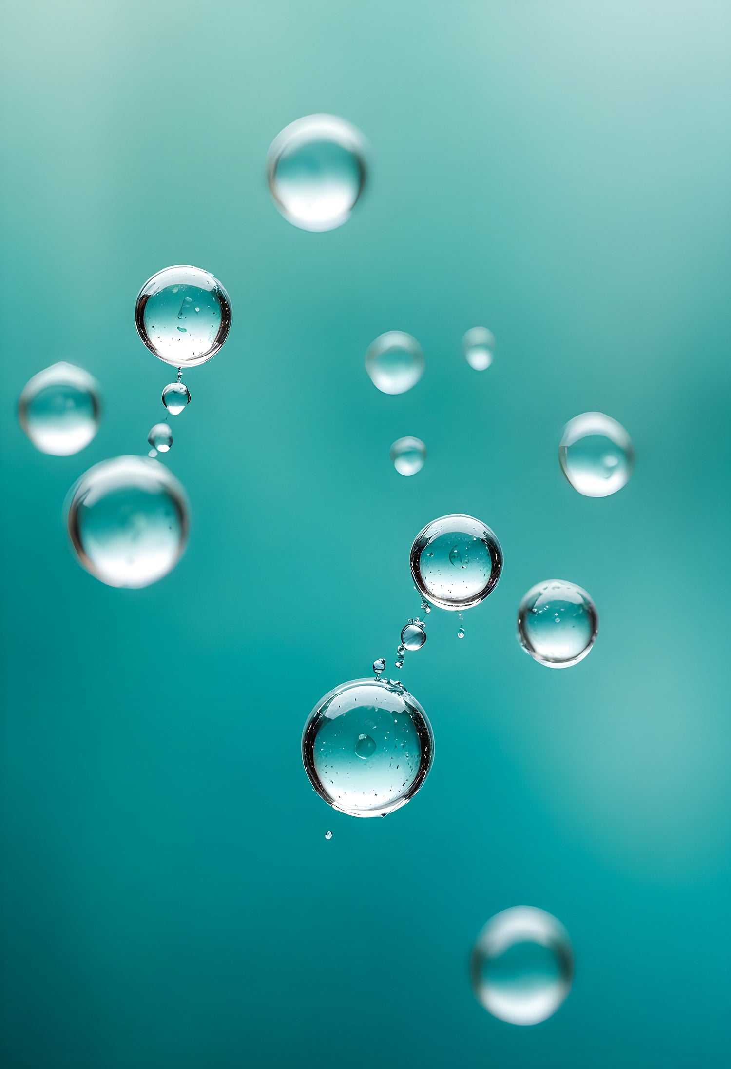 Water droplets on a thin surface with a blurred turquoise background amidst soft light reflections. Generative AI