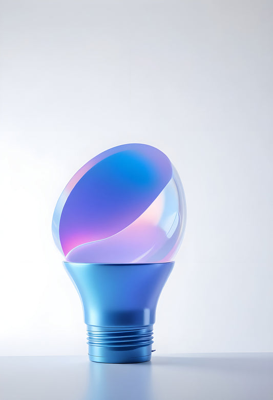 A modern lamp with a colorful bulb design placed on a white surface, showcasing a unique blend of blue and pink hues