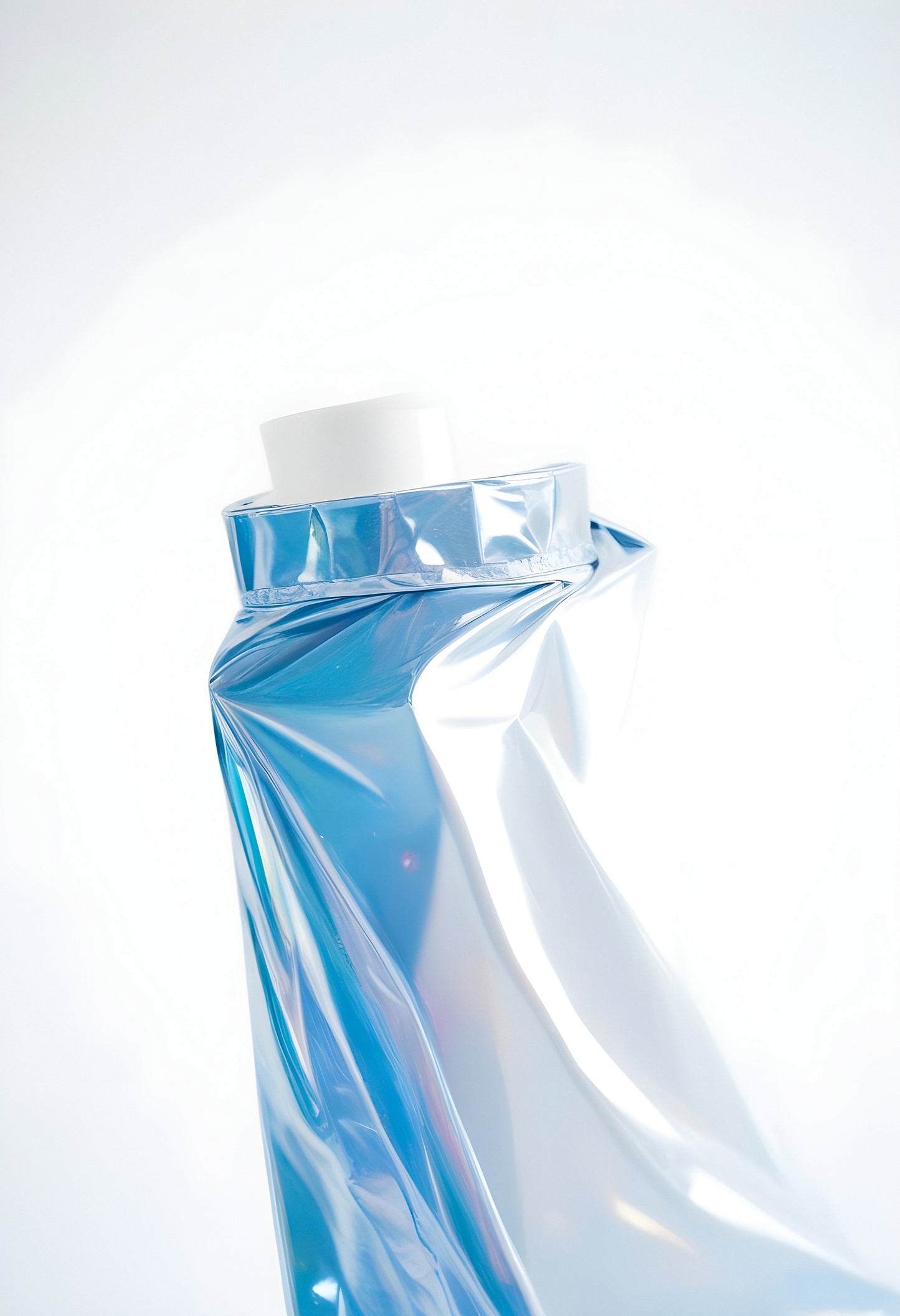 Glossy blue and white material draped elegantly against a light background, creating a serene minimalist composition