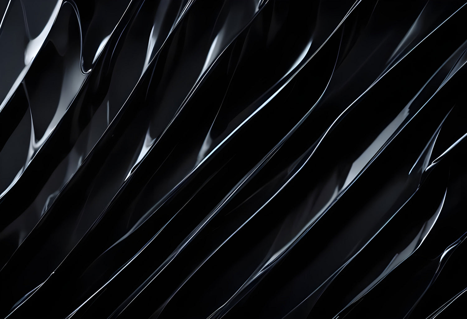 Abstract black waves creating a glossy surface with smooth curves and reflections