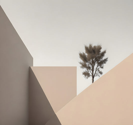 Contemporary architecture showcasing geometric forms with a solitary tree against a minimalist backdrop in a tranquil setting