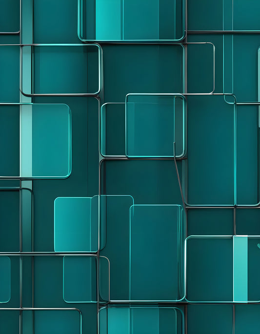 Abstract teal wall design featuring varying glass-like panels in a contemporary setting. Generative AI