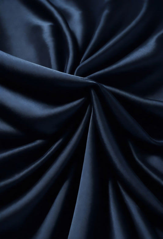 Satin fabric draped elegantly in deep blue showcasing smooth texture and intricate folds