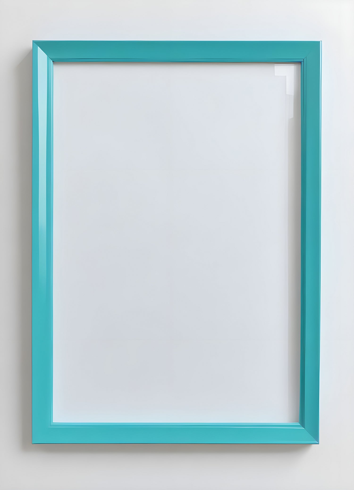 Empty turquoise picture frame mounted on a white wall, inviting creativity for artwork display in a modern interior setting