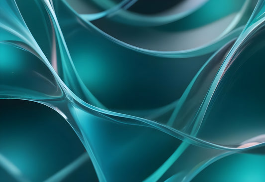 Abstract close-up of translucent teal plastic material with swirling reflections and curves