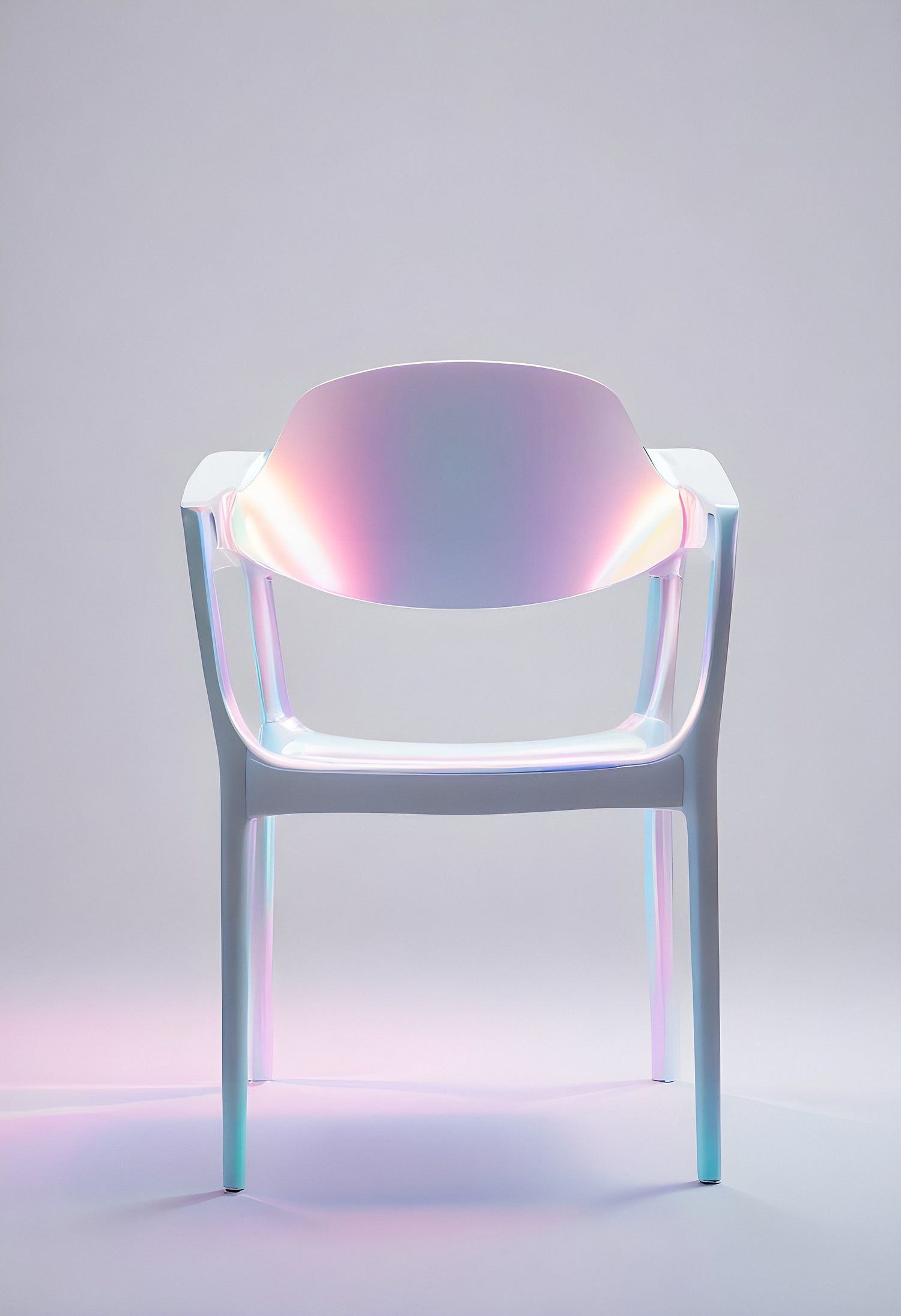 A modern white chair lit with colorful lights against a minimalistic backdrop in a creative studio space