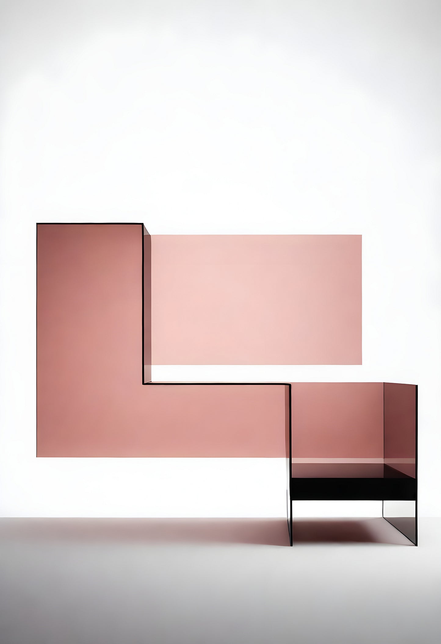 Modern minimalist furniture design featuring geometric shapes in soft pink and sleek black against a light background