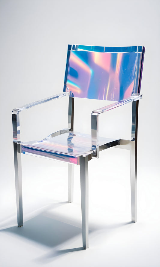 Modern transparent chair with iridescent accents placed against a light background