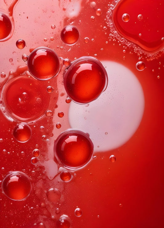 Abstract close-up of red liquid with bubbles and droplets, showcasing the interplay of colors and textures in a vibrant manner. Generative AI