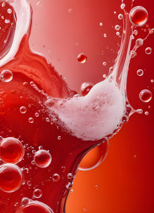 Abstract close-up of red liquid with bubbles and droplets, showcasing the interplay of colors and textures in a vibrant manner. Generative AI