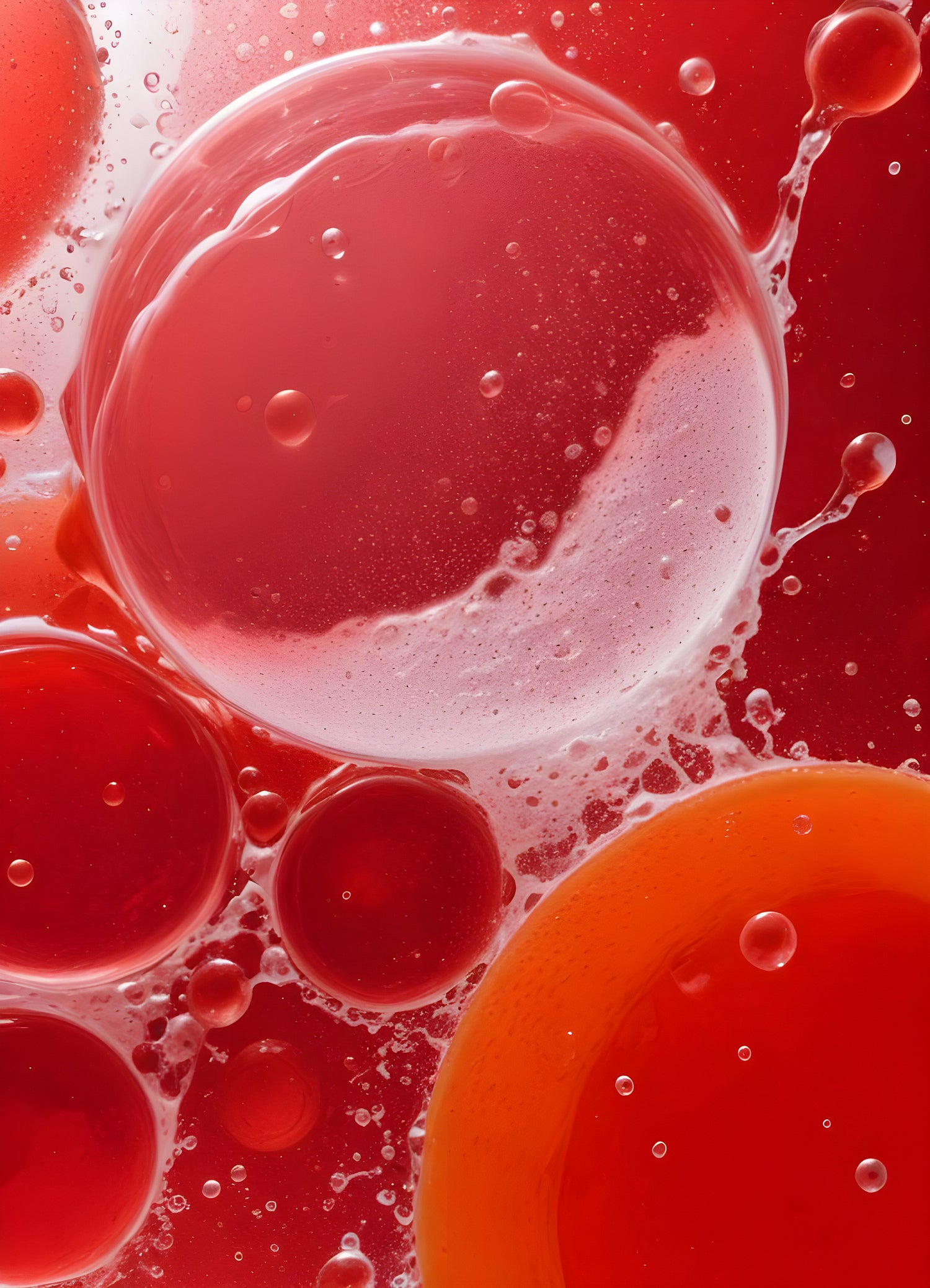 Abstract close-up of red liquid with bubbles and droplets, showcasing the interplay of colors and textures in a vibrant manner. Generative AI