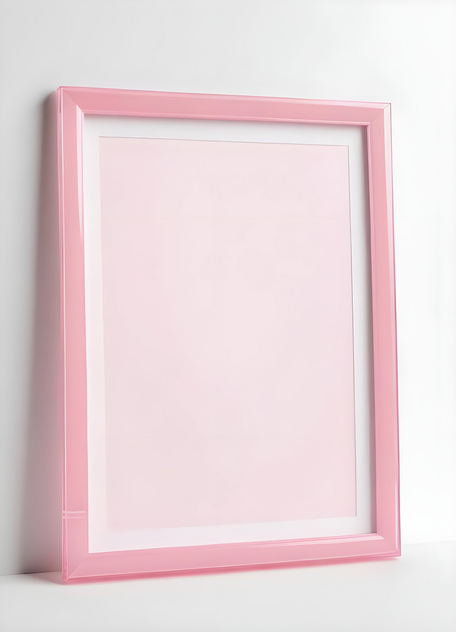 A pink picture frame leaning against a white wall, ready for artwork or a cherished memory