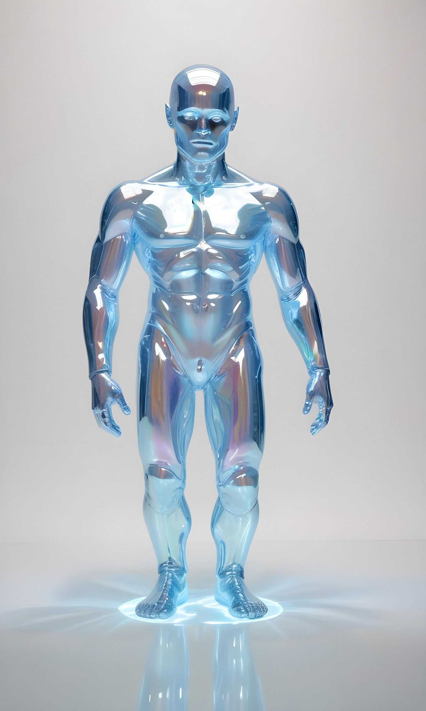 A translucent humanoid figure stands in a futuristic setting with glowing effects, showcasing a sci-fi theme and sleek design