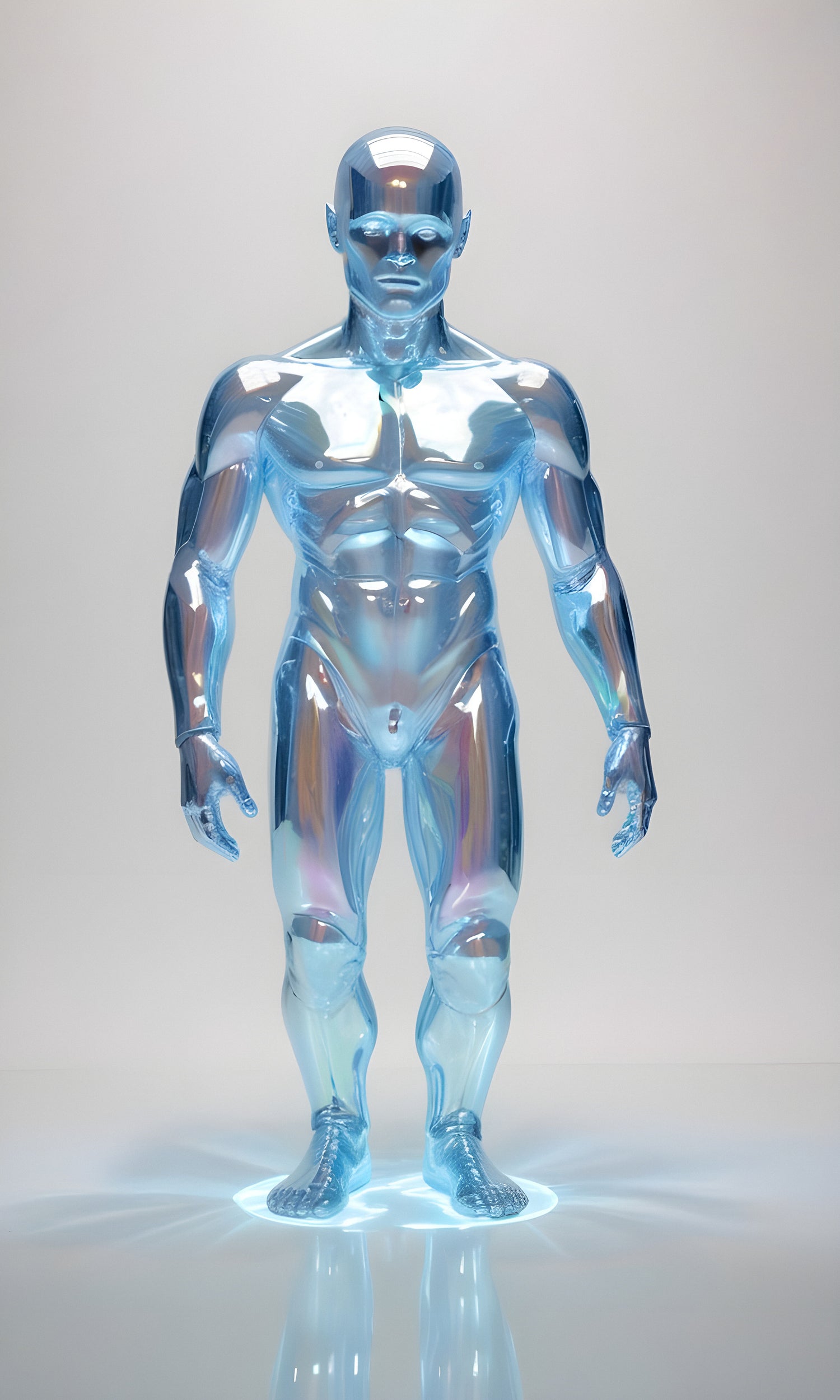 A translucent humanoid figure stands in a futuristic setting with glowing effects, showcasing a sci-fi theme and sleek design