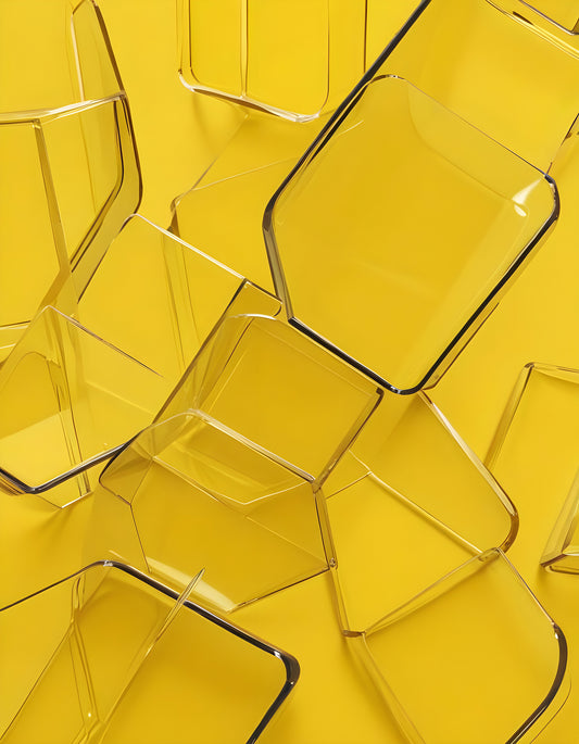 Clear acrylic blocks arranged artistically against a bright yellow background showcasing geometric shapes and modern design elements. Generative AI