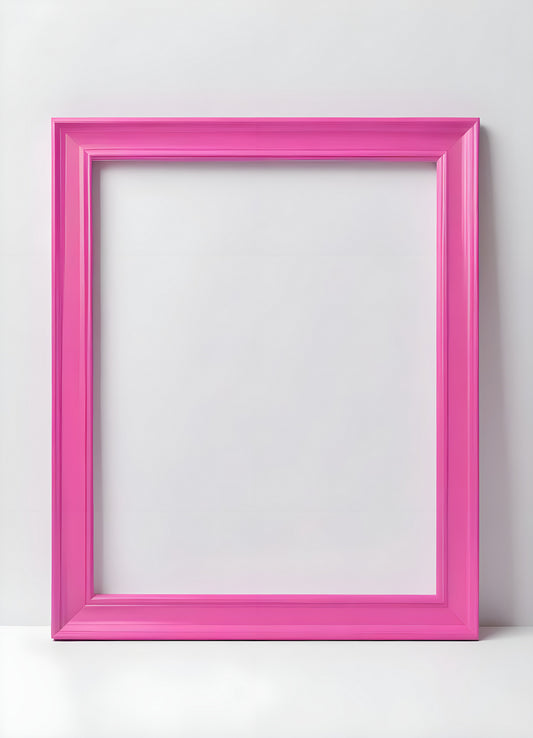 Bright pink empty frame stands against a white wall, inviting creativity and personal expression