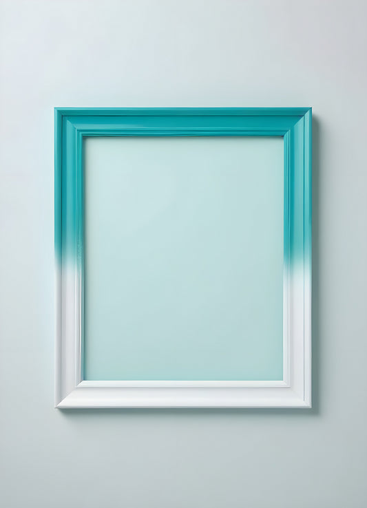 A vibrant gradient picture frame with turquoise and white hues hanging on a soft-colored wall in a minimalist interior space